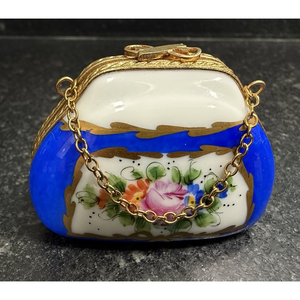 Miniature Limoges France Peint Main Hand Painted Purse Box Blue Floral